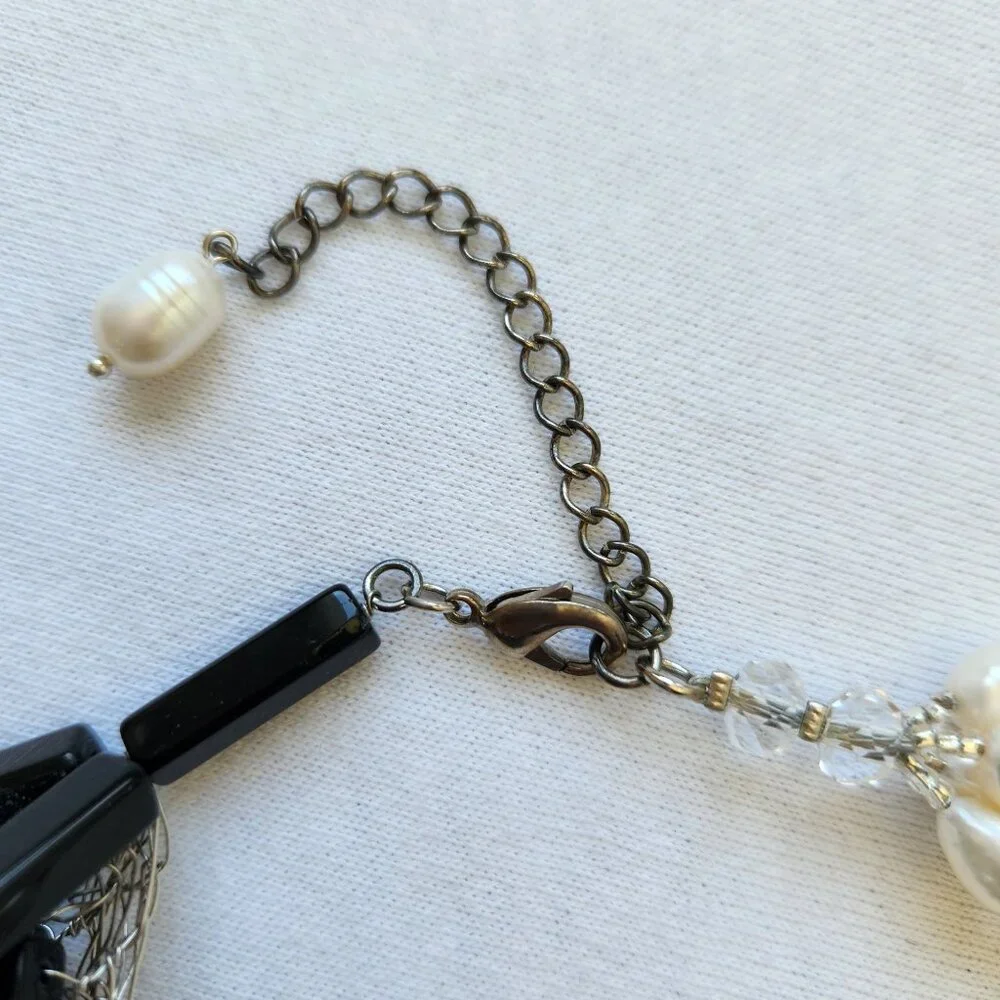 Beaded Black White Statement Necklace Bold Chunky Glam Elegant Office Siren - Picture 7 of 8